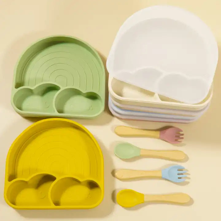 Rainbow Suction Plate With Utensils -Oat