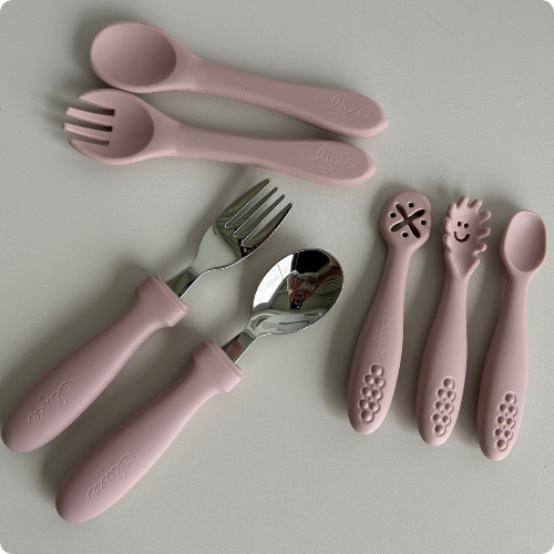 Stainless Steel Silicone Spoon and Fork Set - Blush Pink